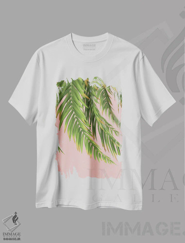 تیشرت سفید طرح دار – تیشرت مینیمال ,شاخه نخل بر پس زمینه هلو اول اثر مایک کیف فروشگاه ایماژ