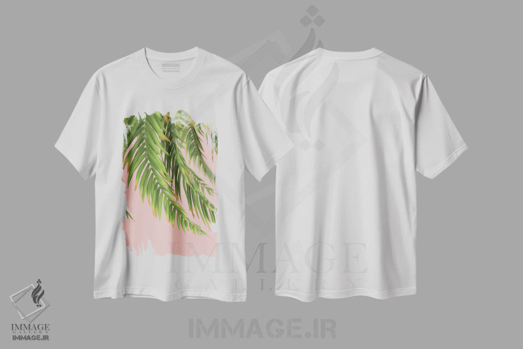 تیشرت سفید طرح دار – تیشرت مینیمال ,شاخه نخل بر پس زمینه هلو اول اثر مایک کیف فروشگاه ایماژ
