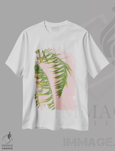 تیشرت سفید طرح دار – تیشرت مینیمالیستی ,شاخه نخل بر پس زمینه هلو سوم اثر مایک کیف فروشگاه ایماژ
