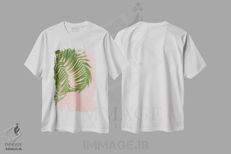 تیشرت سفید طرح دار – تیشرت مینیمال ,شاخه نخل بر پس زمینه هلو دوم اثر مایک کیف immage.ir