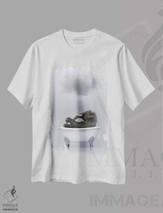 تیشرت سفید طرح دار – تیشرت حیوانات ,فیل در حال استراحت در وان دوم اثر مایک کیف فروشگاه ایماژ