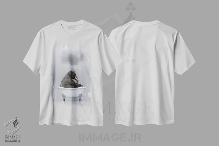 تیشرت سفید طرح دار – تیشرت حیوانات ,فیل در حال استراحت در وان اثر مایک کیف immage.ir