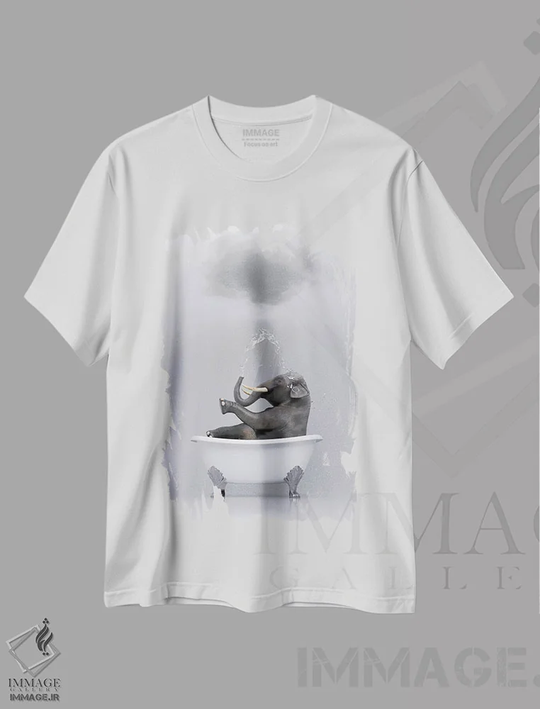 تیشرت سفید طرح دار – تیشرت فانتزی ,فیل در حال استراحت در وان سوم اثر مایک کیف immage.ir