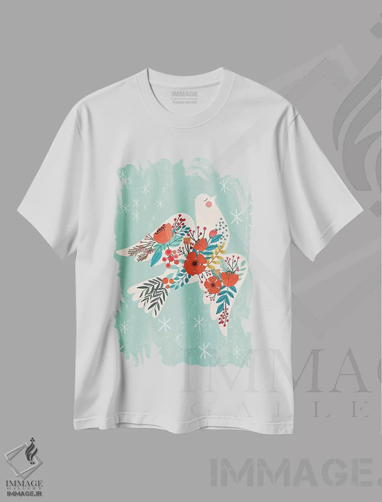 تیشرت سفید طرح دار – تیشرت هنری ,صلح کبوتر اثر میا چارّو فروشگاه ایماژ