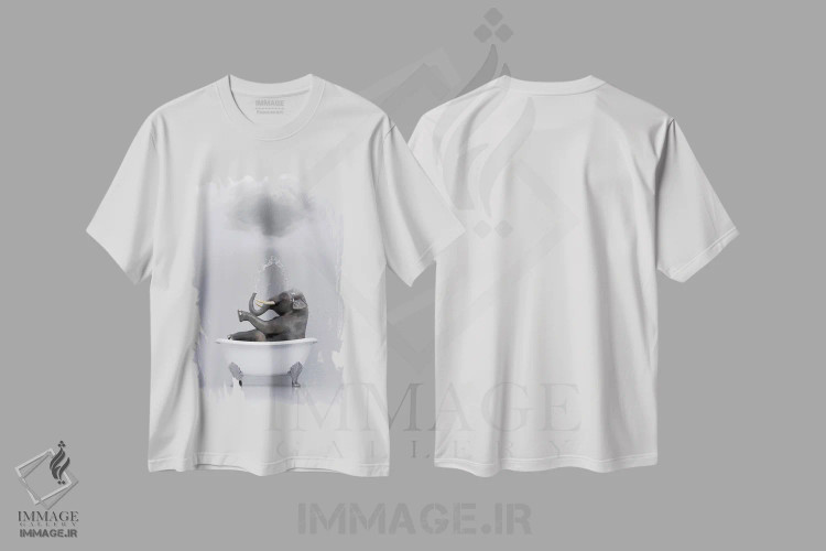 تیشرت سفید طرح دار – تیشرت فانتزی ,فیل در حال استراحت در وان سوم اثر مایک کیف immage.ir