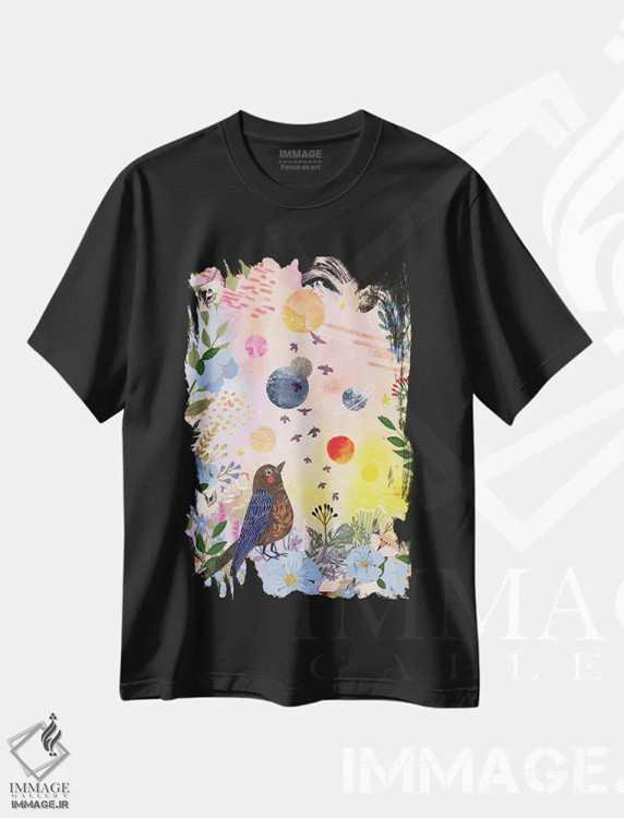 تیشرت مشکی طرح دار – تیشرت هنری ,شب باغ اثر میا چارّو فروشگاه ایماژ