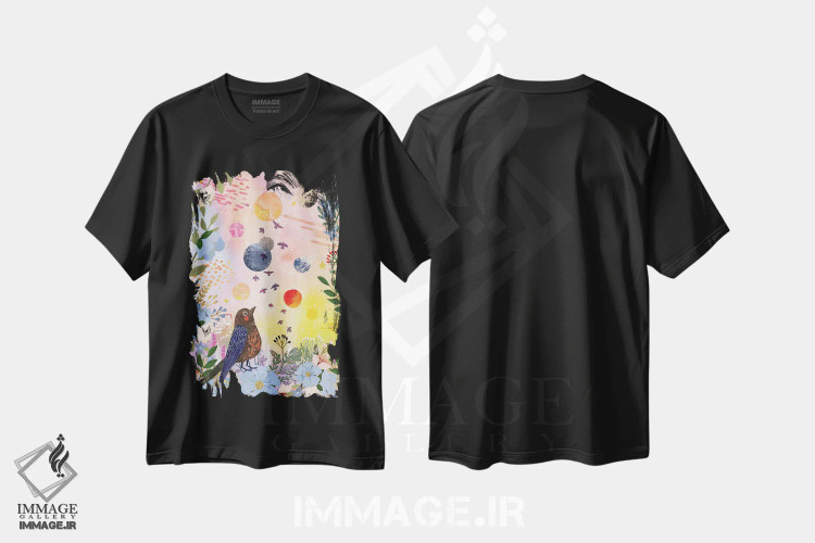 تیشرت مشکی طرح دار – تیشرت هنری ,شب باغ اثر میا چارّو فروشگاه ایماژ