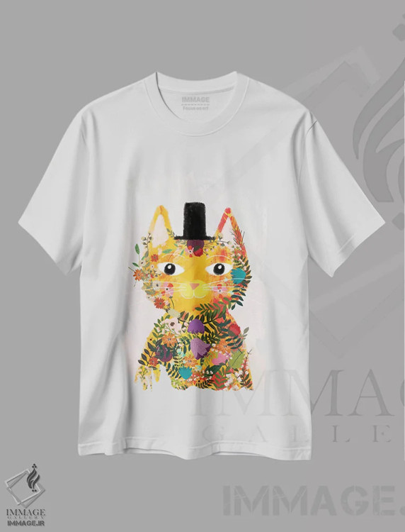تیشرت سفید طرح دار – تیشرت فانتزی ,گربه گل اول اثر میا چارّو فروشگاه ایماژ
