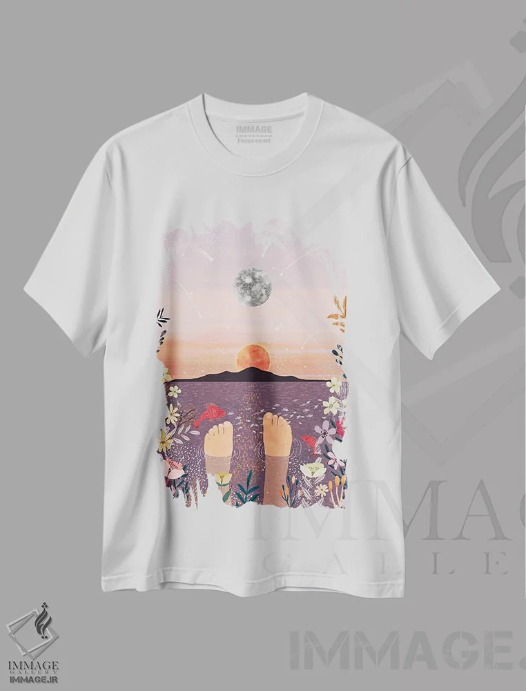 تیشرت سفید طرح دار – تیشرت طبیعت ,غروب اثر میا چارّو immage.ir