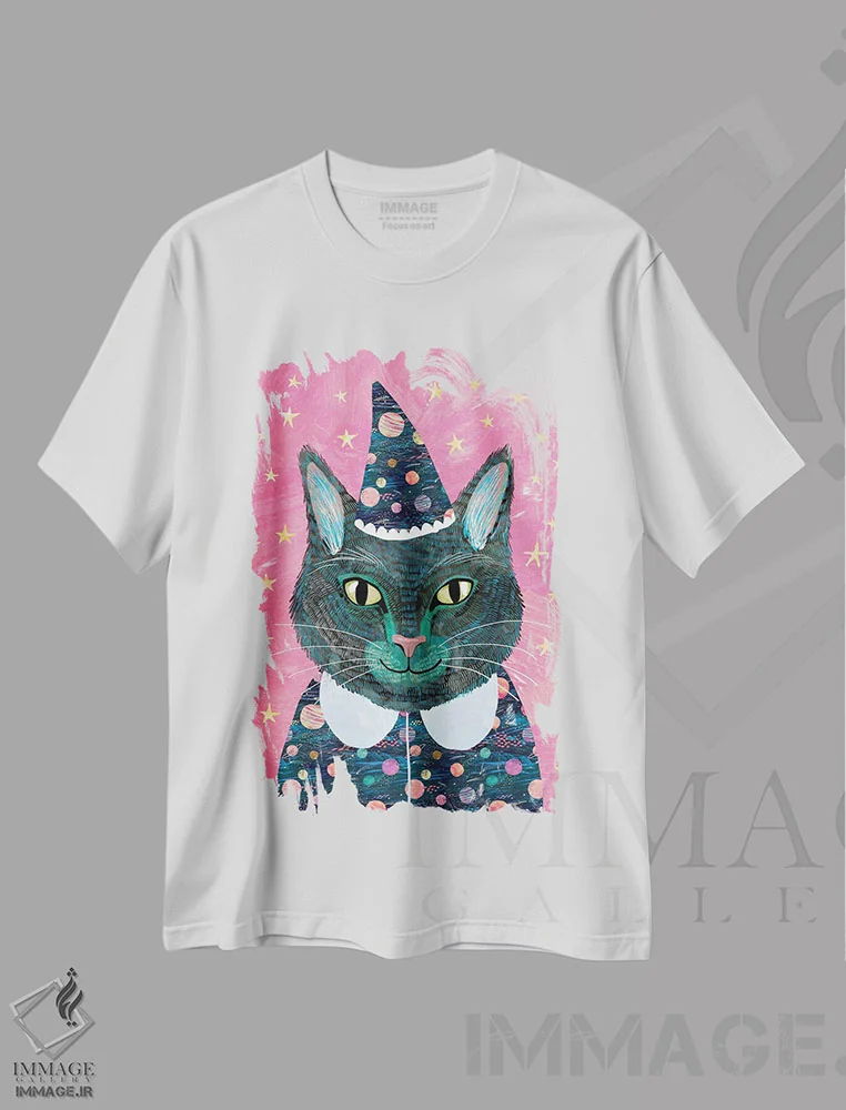 تیشرت سفید طرح دار – تیشرت حیوانات ,گربه سیاه اثر میا چارّو فروشگاه ایماژ