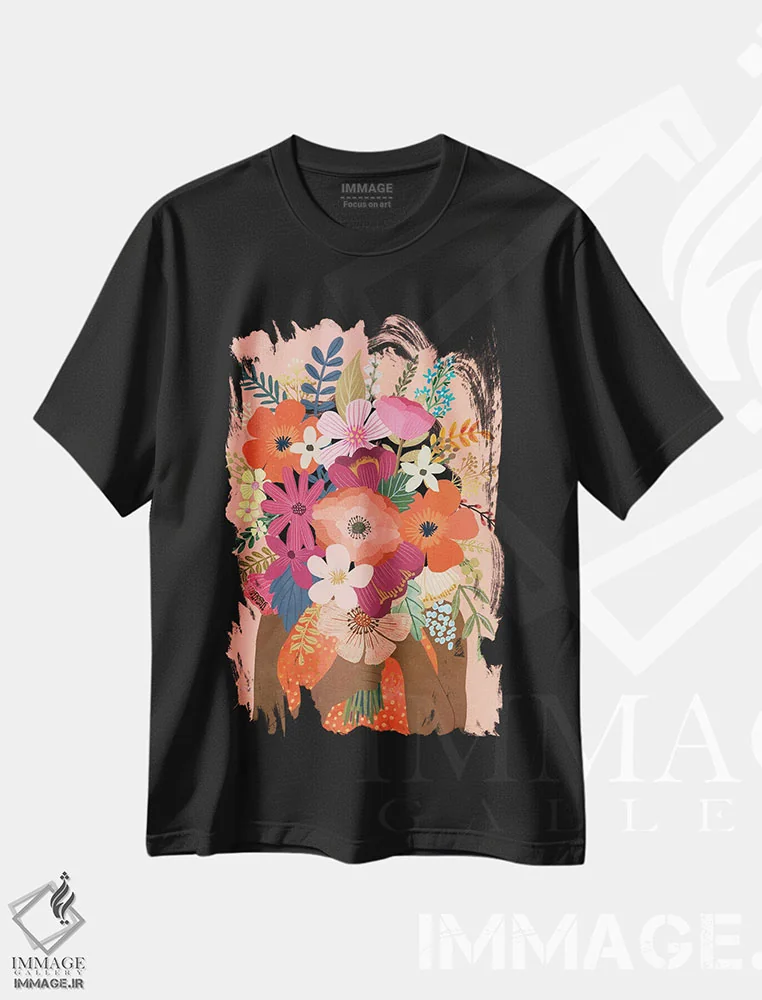 تیشرت مشکی طرح دار – تیشرت هنری ,دسته گل اثر میا چارّو فروشگاه ایماژ