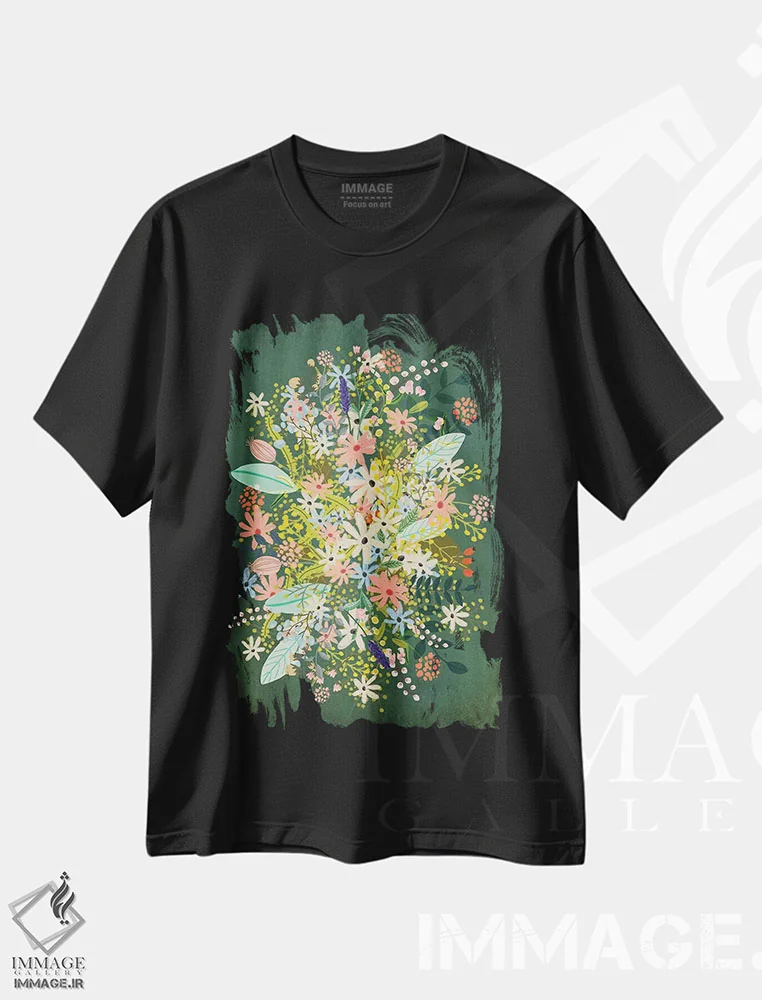 تیشرت مشکی طرح دار – تیشرت طبیعت ,گل ها اثر میا چارّو فروشگاه ایماژ