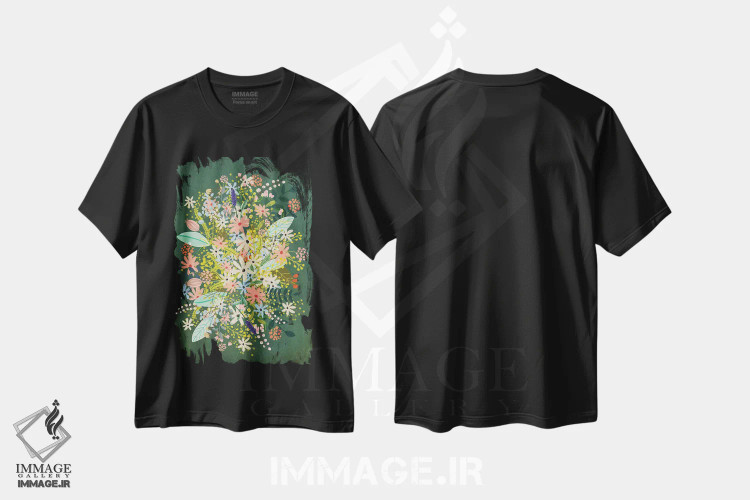 تیشرت مشکی طرح دار – تیشرت طبیعت ,گل ها اثر میا چارّو فروشگاه ایماژ