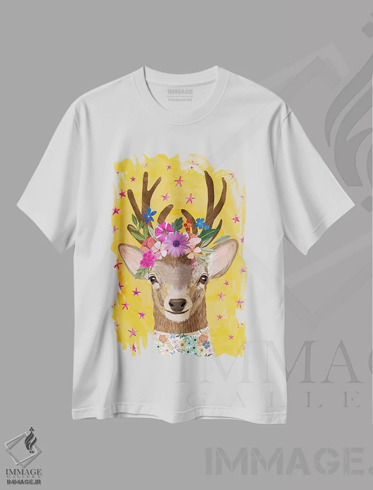 تیشرت سفید طرح دار – تیشرت فانتزی ,گوزن جادویی اثر میا چارّو فروشگاه ایماژ
