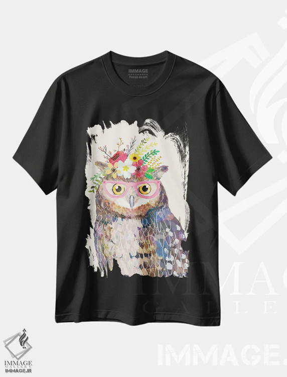 تیشرت مشکی طرح دار – تیشرت حیوانات ,جغد سفید اثر میا چارّو immage.ir