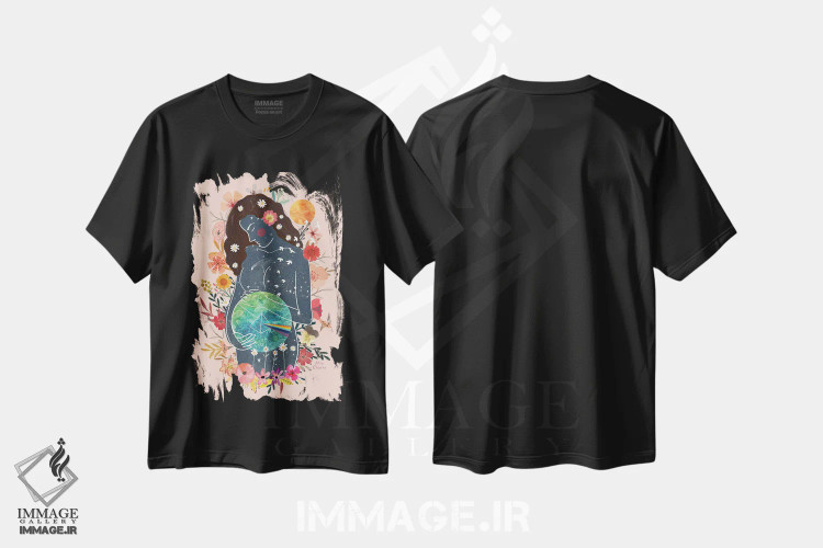 تیشرت مشکی طرح دار – تیشرت هنری انتزاعی ,گایا باردار اثر میا چارّو فروشگاه ایماژ