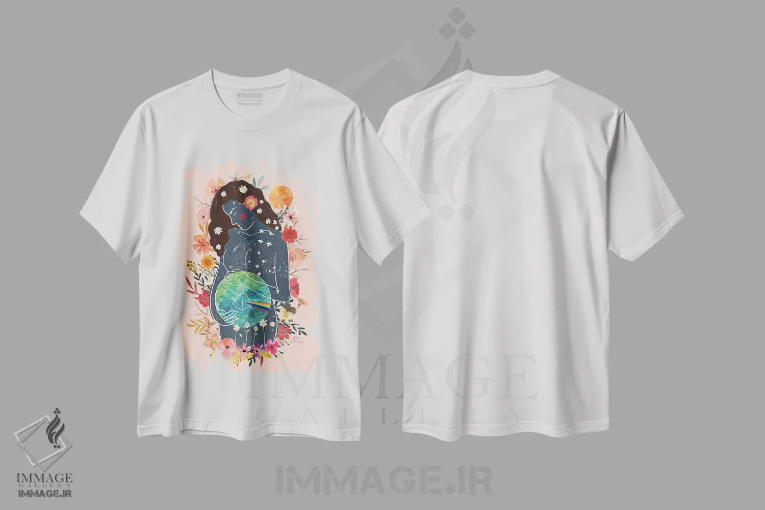 تیشرت سفید طرح دار – تیشرت هنری انتزاعی ,گایا باردار اثر میا چارّو immage.ir