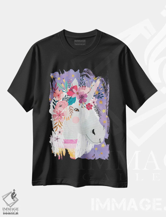 تیشرت مشکی طرح دار – تیشرت فانتزی ,تک شاخ اثر میا چارّو فروشگاه ایماژ