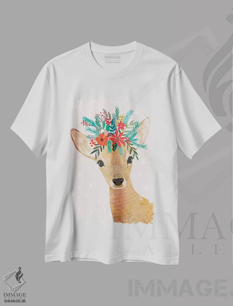 تیشرت سفید طرح دار – تیشرت کریسمس ,گوزن کریسمس اثر میا چارّو immage.ir