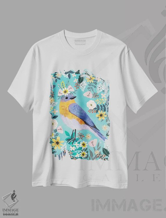 تیشرت سفید طرح دار – تیشرت طبیعت ,پرندهٔ آبی اثر میا چارّو فروشگاه ایماژ
