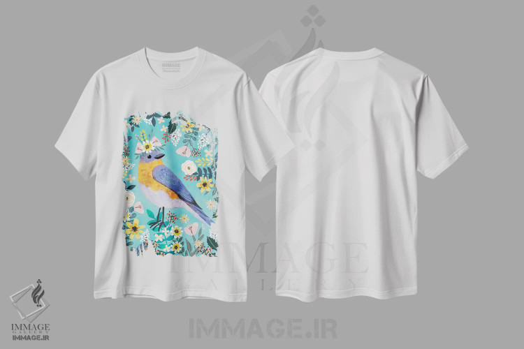 تیشرت سفید طرح دار – تیشرت طبیعت ,پرندهٔ آبی اثر میا چارّو فروشگاه ایماژ