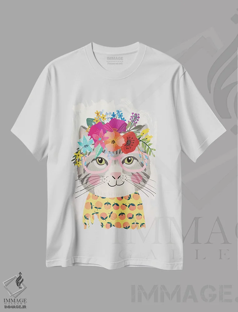تیشرت سفید طرح دار – تیشرت حیوانات ,گربهٔ خاکستری اثر میا چارّو فروشگاه ایماژ