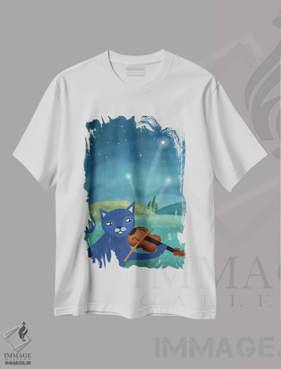 تیشرت سفید طرح دار – تیشرت موسیقی ,گربه و ویولن اثر میا چارّو immage.ir
