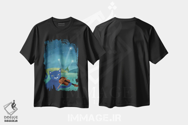 تیشرت مشکی طرح دار – تیشرت موسیقی ,گربه و ویولن اثر میا چارّو فروشگاه ایماژ