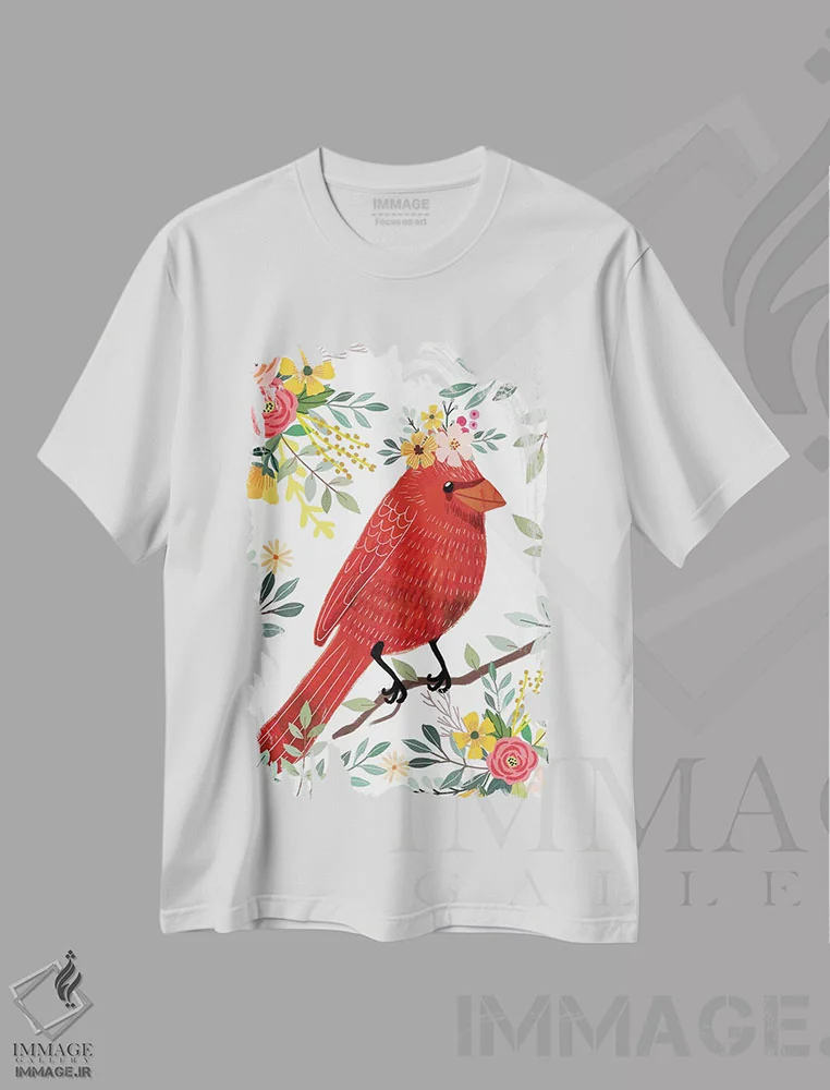 تیشرت سفید طرح دار – تیشرت هنری ,پرندهٔ قرمز اثر میا چارّو فروشگاه ایماژ