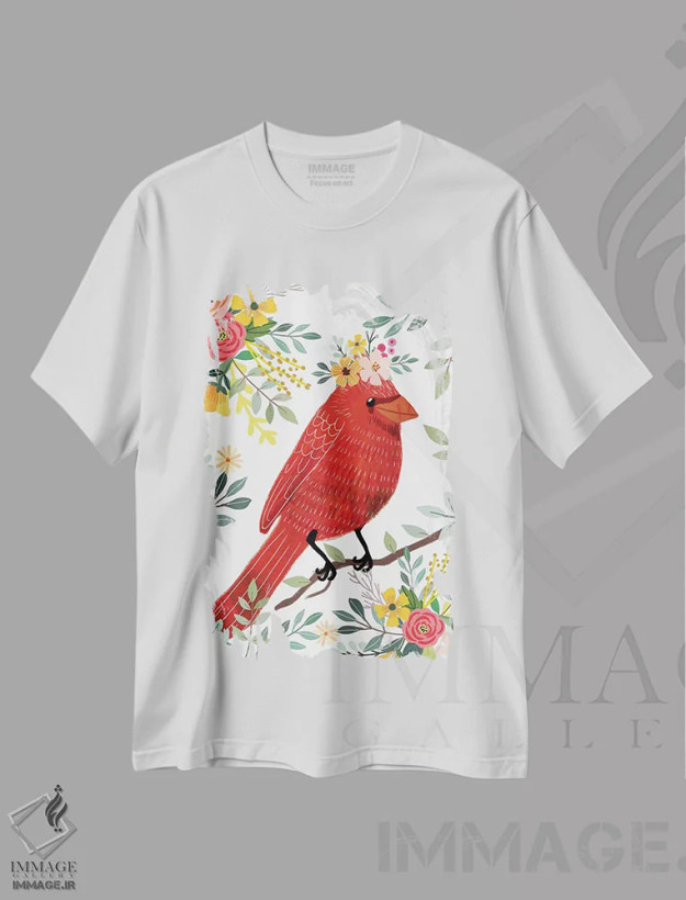 تیشرت سفید طرح دار – تیشرت هنری ,پرندهٔ قرمز اثر میا چارّو فروشگاه ایماژ
