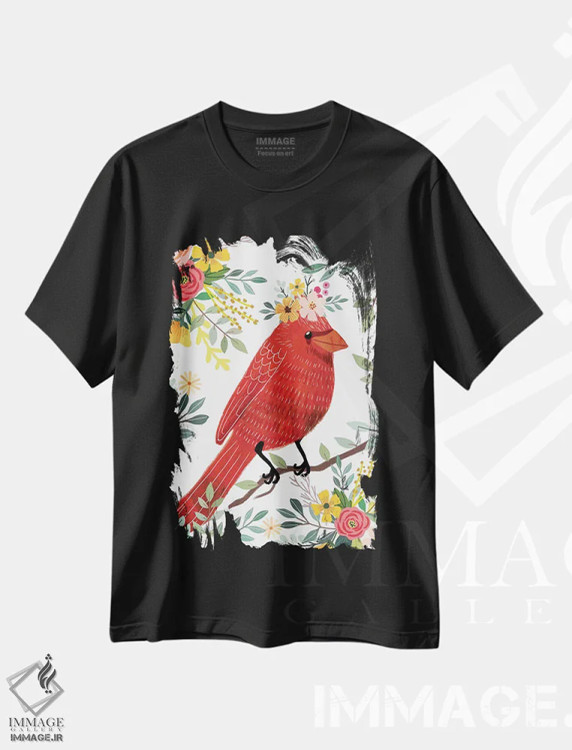 تیشرت مشکی طرح دار – تیشرت هنری ,پرندهٔ قرمز اثر میا چارّو immage.ir