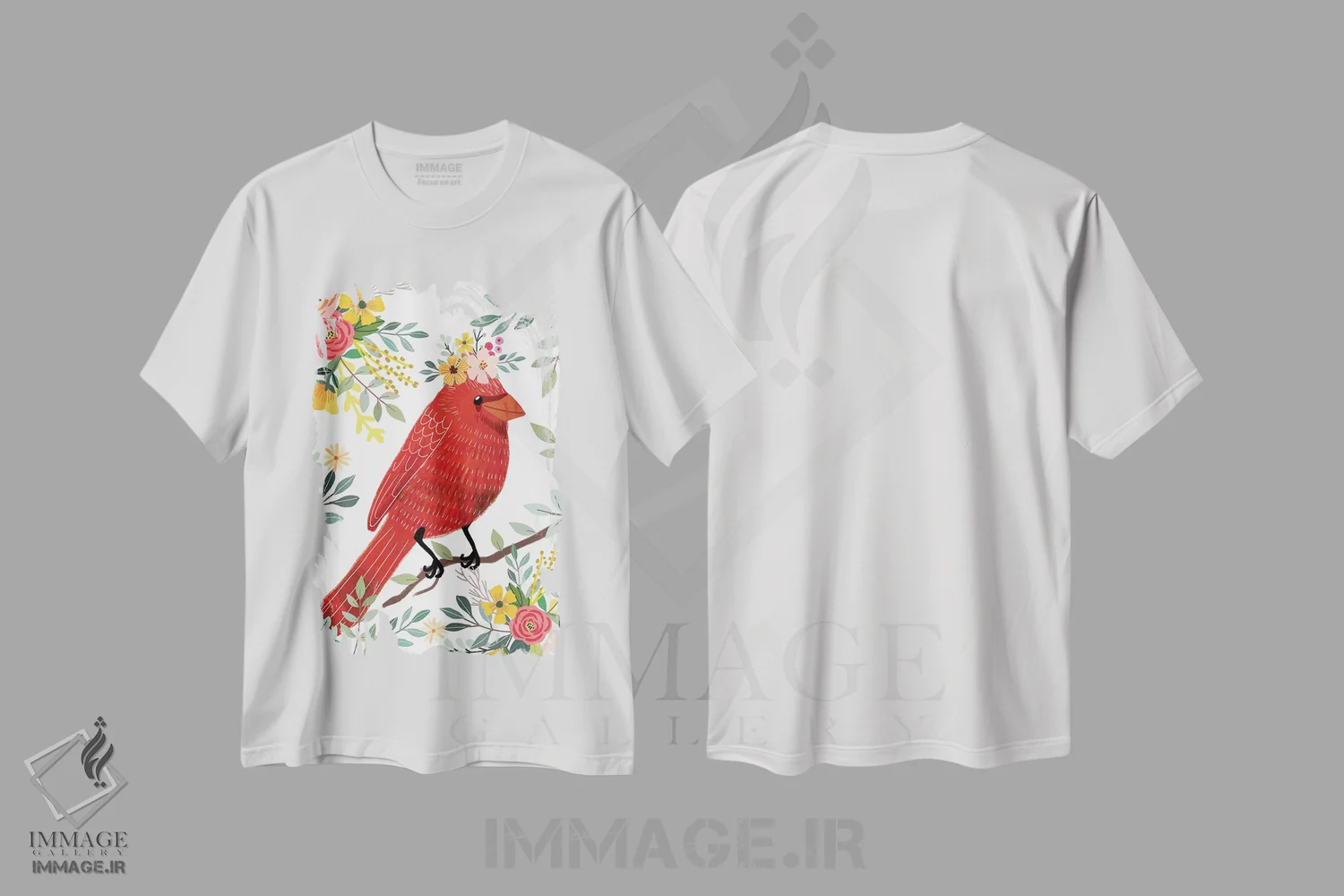 تیشرت سفید طرح دار – تیشرت هنری ,پرندهٔ قرمز اثر میا چارّو فروشگاه ایماژ