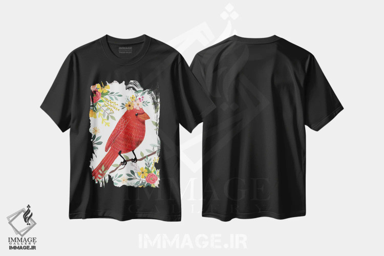 تیشرت مشکی طرح دار – تیشرت هنری ,پرندهٔ قرمز اثر میا چارّو immage.ir