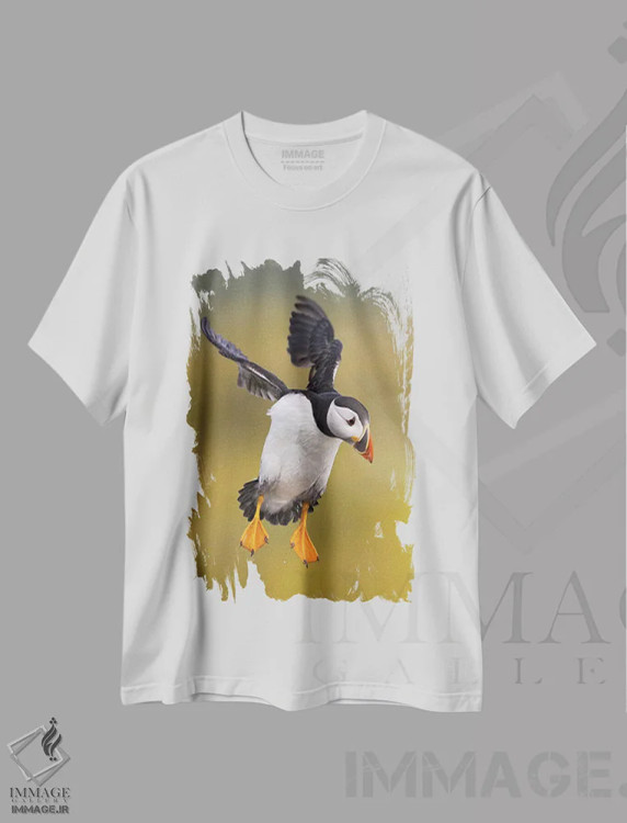 تیشرت سفید طرح دار – تیشرت طبیعت ,پافین بریتانیا اثر میگل لاسا immage.ir