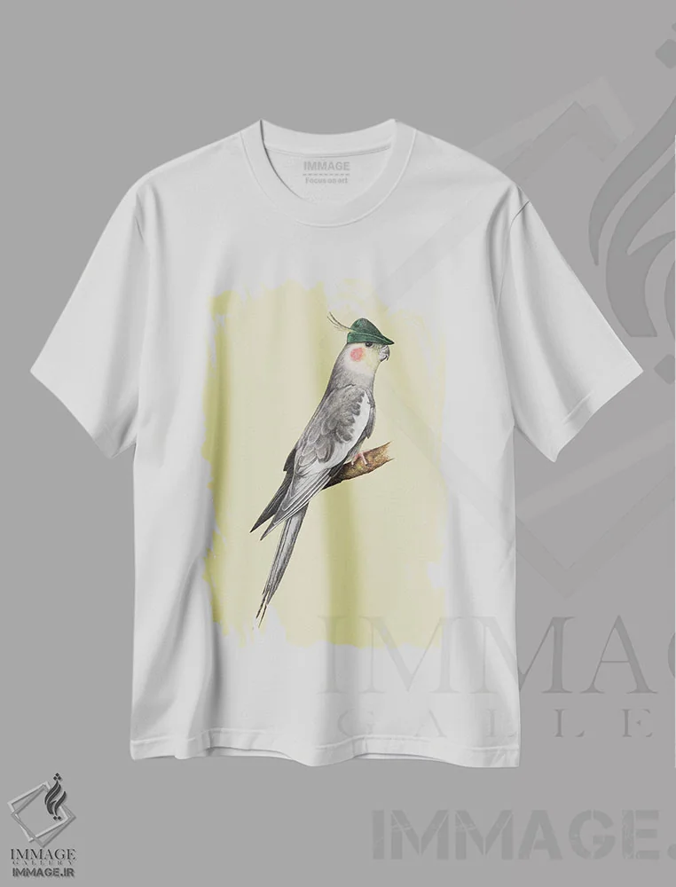 تیشرت سفید طرح دار – تیشرت حیوانات ,کاکاتیل اثر میخائیل ودرنیکوف immage.ir