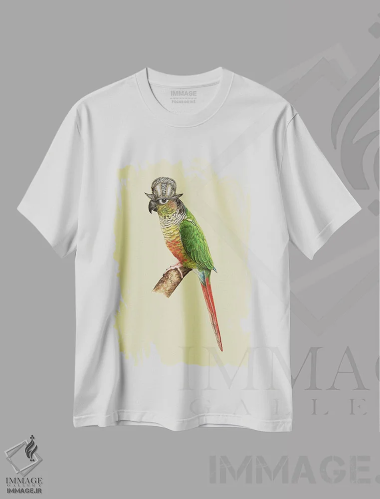 تیشرت سفید طرح دار – تیشرت حیوانات ,طوطی کوچک سبزرنگ گونه دار اثر میخائیل ودرنیکوف فروشگاه ایماژ