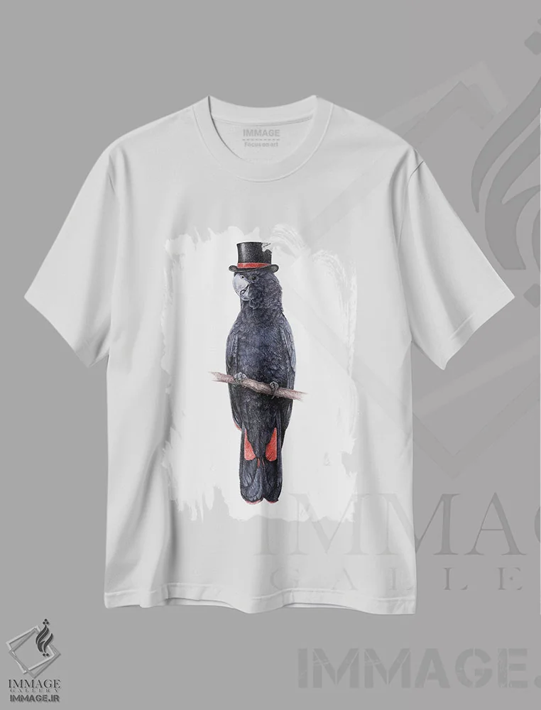 تیشرت سفید طرح دار – تیشرت اسپرت ,کاکاتو سیاه دم قرمز اثر میخائیل ودرنیکوف فروشگاه ایماژ