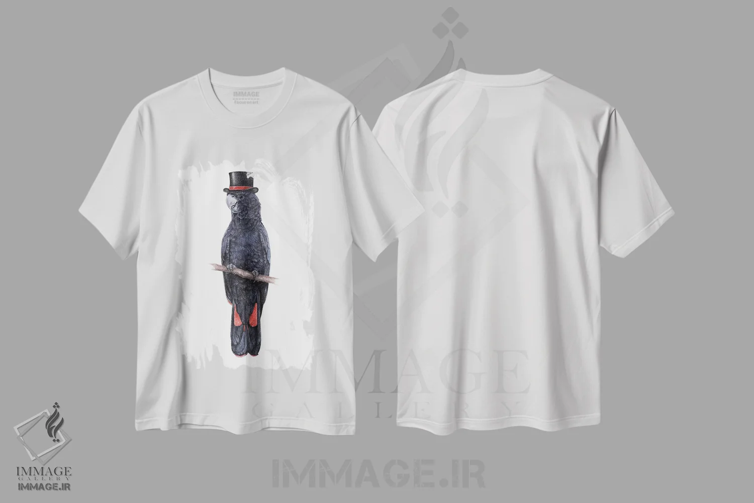 تیشرت سفید طرح دار – تیشرت اسپرت ,کاکاتو سیاه دم قرمز اثر میخائیل ودرنیکوف فروشگاه ایماژ