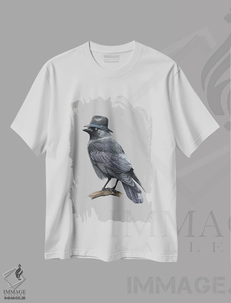 تیشرت سفید طرح دار – تیشرت هنری مینیمال ,کلاغ کوچک اثر میخائیل ودرنیکوف فروشگاه ایماژ
