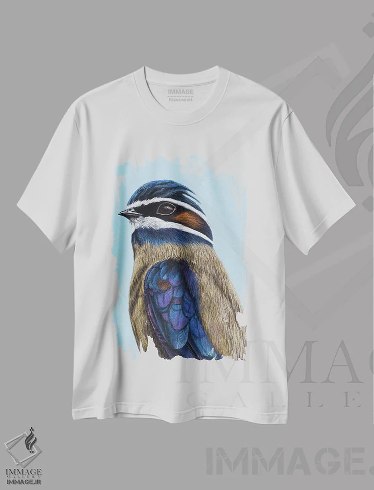 تیشرت سفید طرح دار – تیشرت طبیعت دوست ,سریع پرواز درختی سیبیل دار اثر میخائیل ودرنیکوف immage.ir