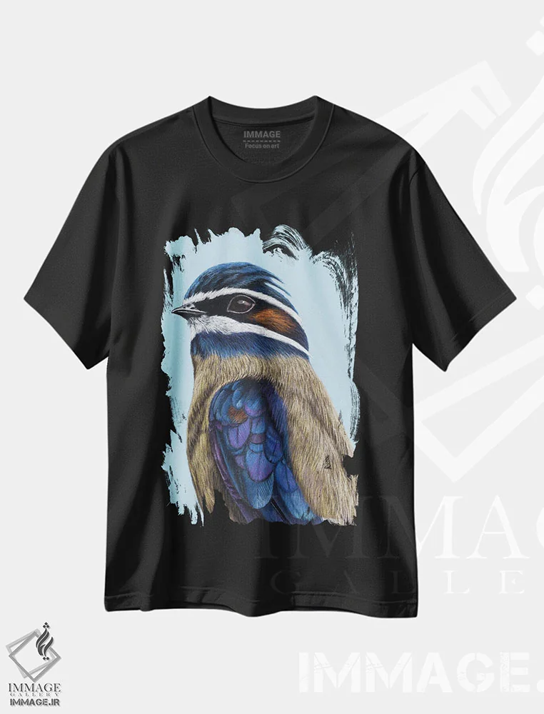 تیشرت مشکی طرح دار – تیشرت طبیعت دوست ,سریع پرواز درختی سیبیل دار اثر میخائیل ودرنیکوف فروشگاه ایماژ