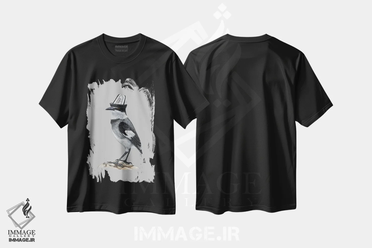 تیشرت مشکی طرح دار – تیشرت گرافیکی ,زاغچه دم سفید اثر میخائیل ودرنیکوف فروشگاه ایماژ