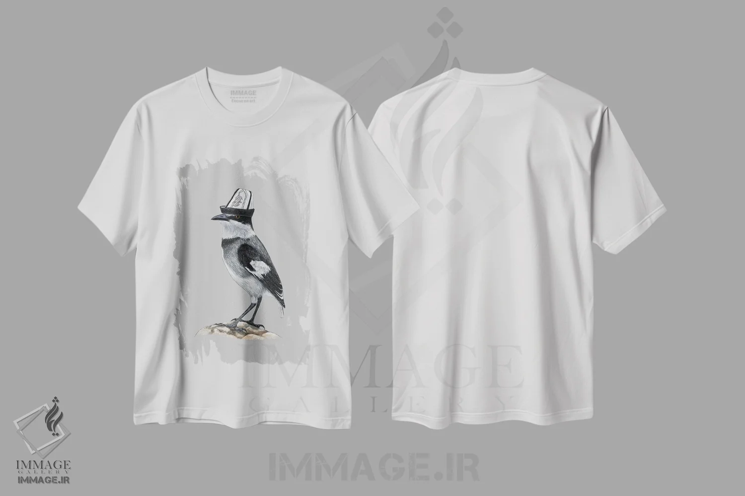 تیشرت سفید طرح دار – تیشرت گرافیکی ,زاغچه دم سفید اثر میخائیل ودرنیکوف immage.ir