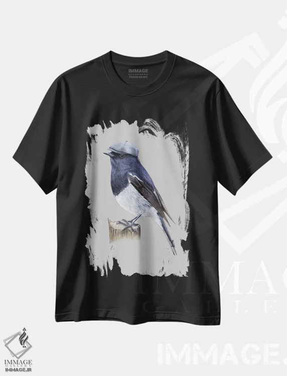 تیشرت مشکی طرح دار – تیشرت حیوانات ,دم جنبانک کلاه آبی اثر میخائیل ودرنیکوف immage.ir