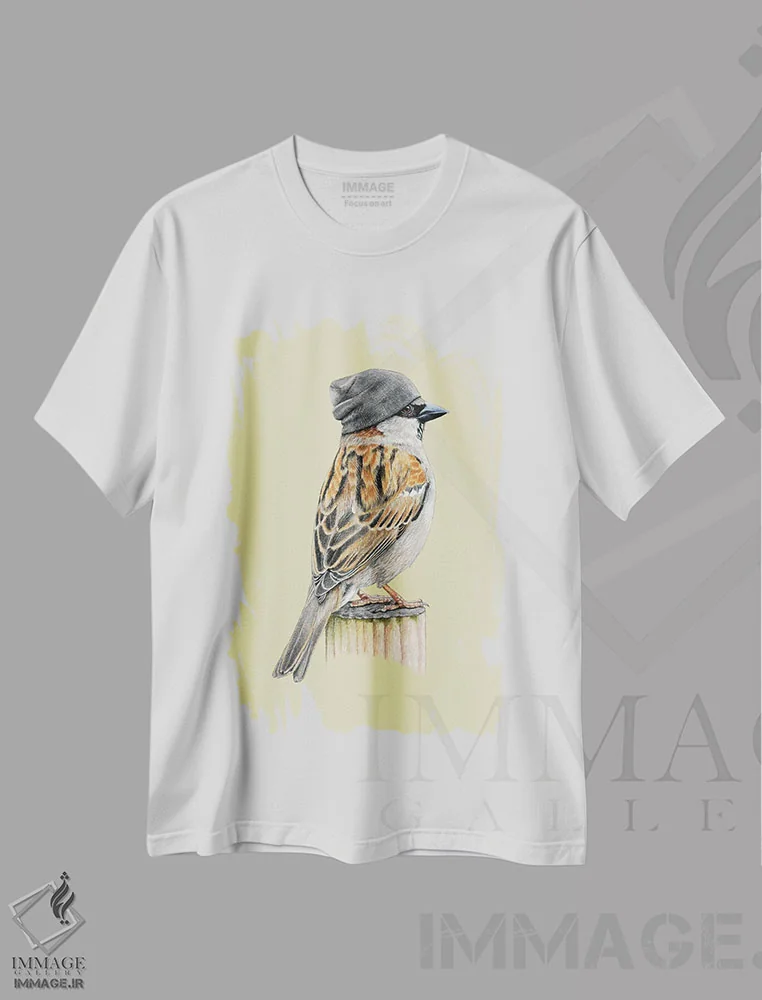 تیشرت سفید طرح دار – تیشرت هنری ,گنجشک درختی اثر میخائیل ودرنیکوف immage.ir
