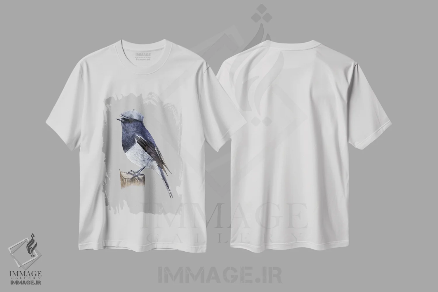 تیشرت سفید طرح دار – تیشرت حیوانات ,دم جنبانک کلاه آبی اثر میخائیل ودرنیکوف فروشگاه ایماژ