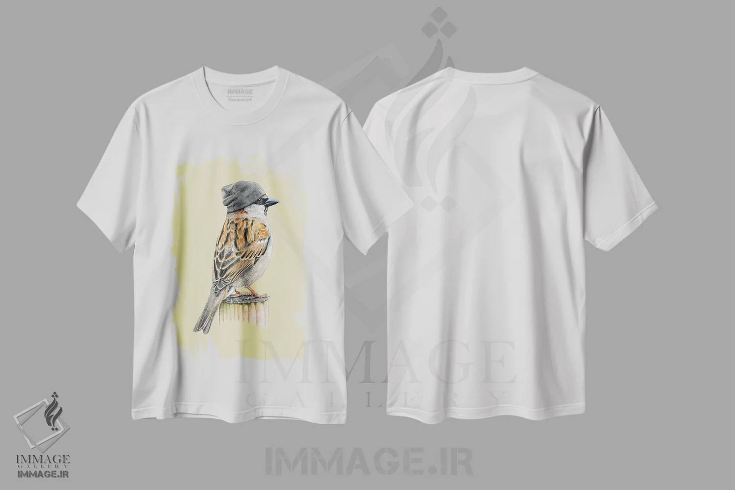 تیشرت سفید طرح دار – تیشرت هنری ,گنجشک درختی اثر میخائیل ودرنیکوف immage.ir