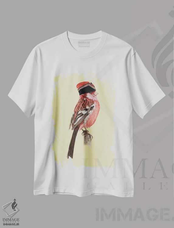 تیشرت سفید طرح دار – تیشرت پرنده ,"مرغ سرخ دم دراز سیبری" اثر میخائیل ودرنیکوف فروشگاه ایماژ