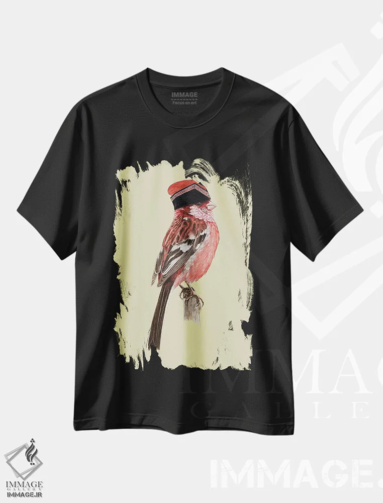 تیشرت مشکی طرح دار – تیشرت پرنده ,"مرغ سرخ دم دراز سیبری" اثر میخائیل ودرنیکوف immage.ir