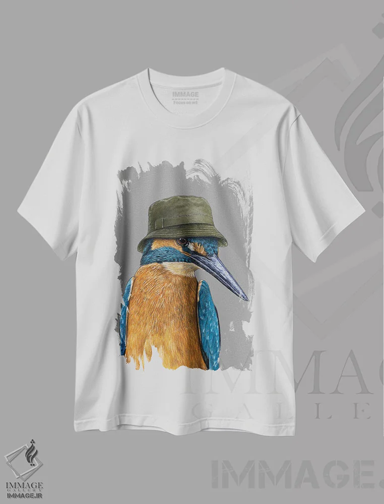 تیشرت سفید طرح دار – تیشرت پرنده ,"مرغ ماهی خوار معمولی " اثر میخائیل ودرنیکوف فروشگاه ایماژ